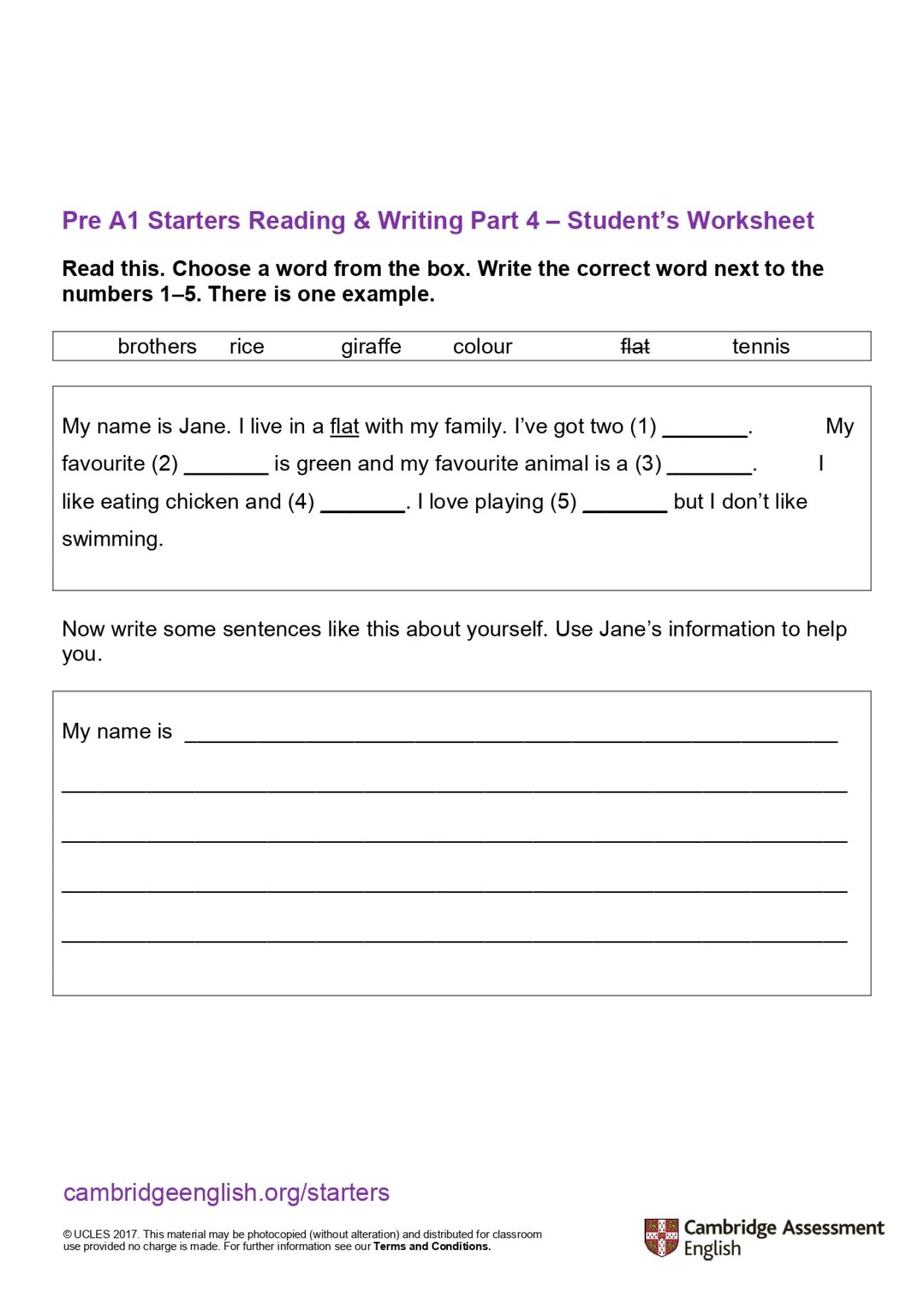 Cambridge Starters – Week 10 – Reading and Writing Part 4 - Elegant English
